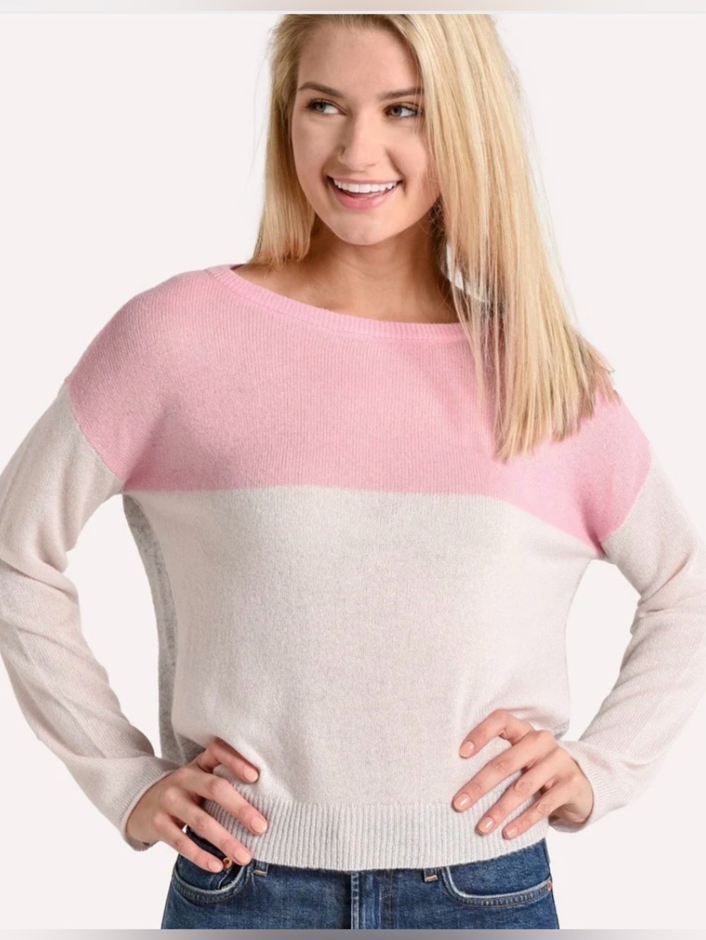 ATM Anthony Thomas Melillo Cashmere Colorblock Sweater Pink Gray Cream Small